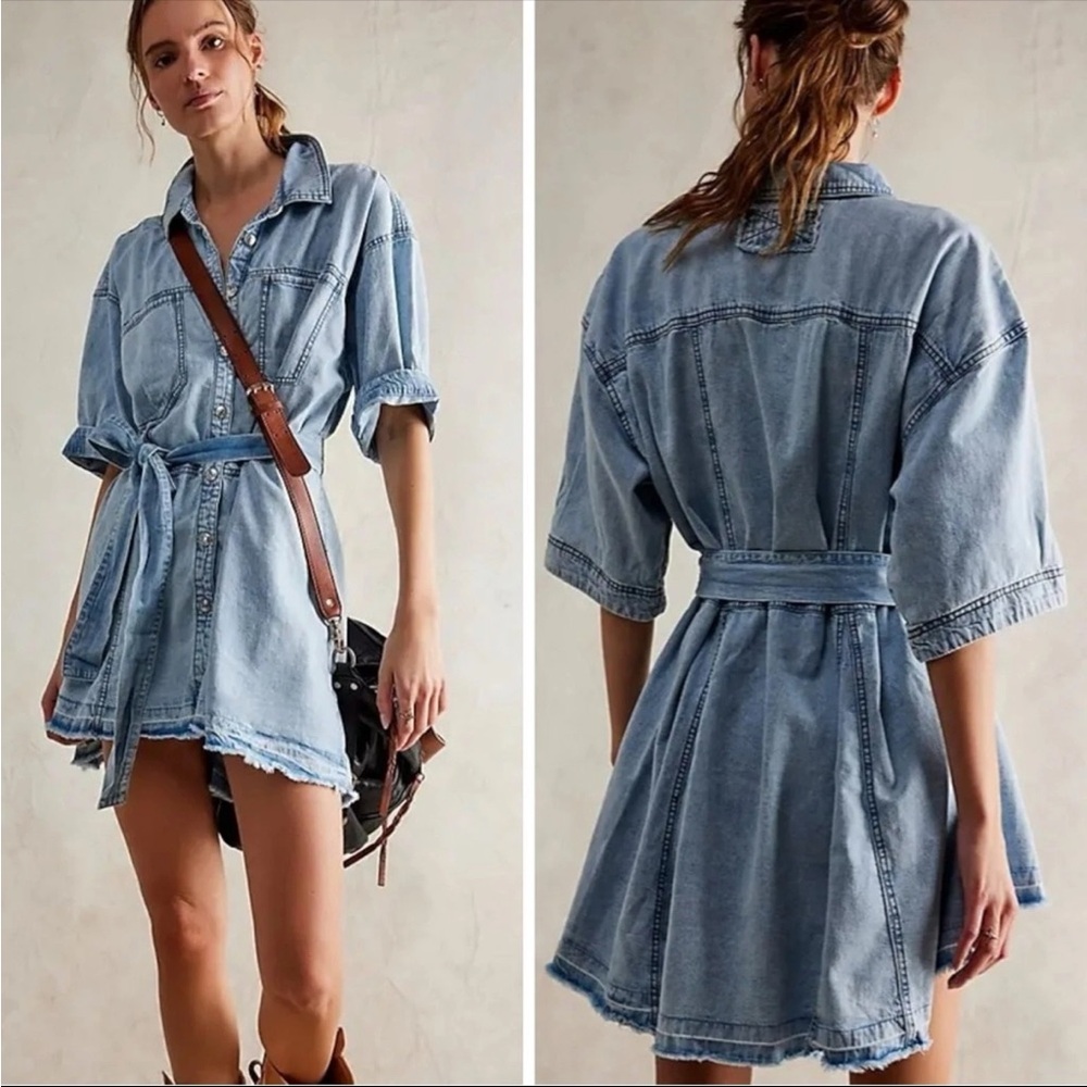 Free People Western Bohemian Oversized Jenny Denim Tunic Top Dress Medium Wash M - Picture 6 of 16